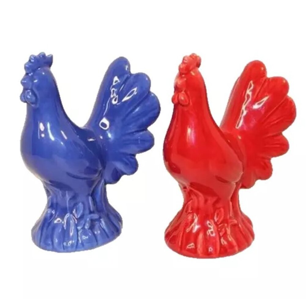 Chicken Salt & Pepper Shaker Set Red Blue HOME Patriotic Rooster Poultry Country